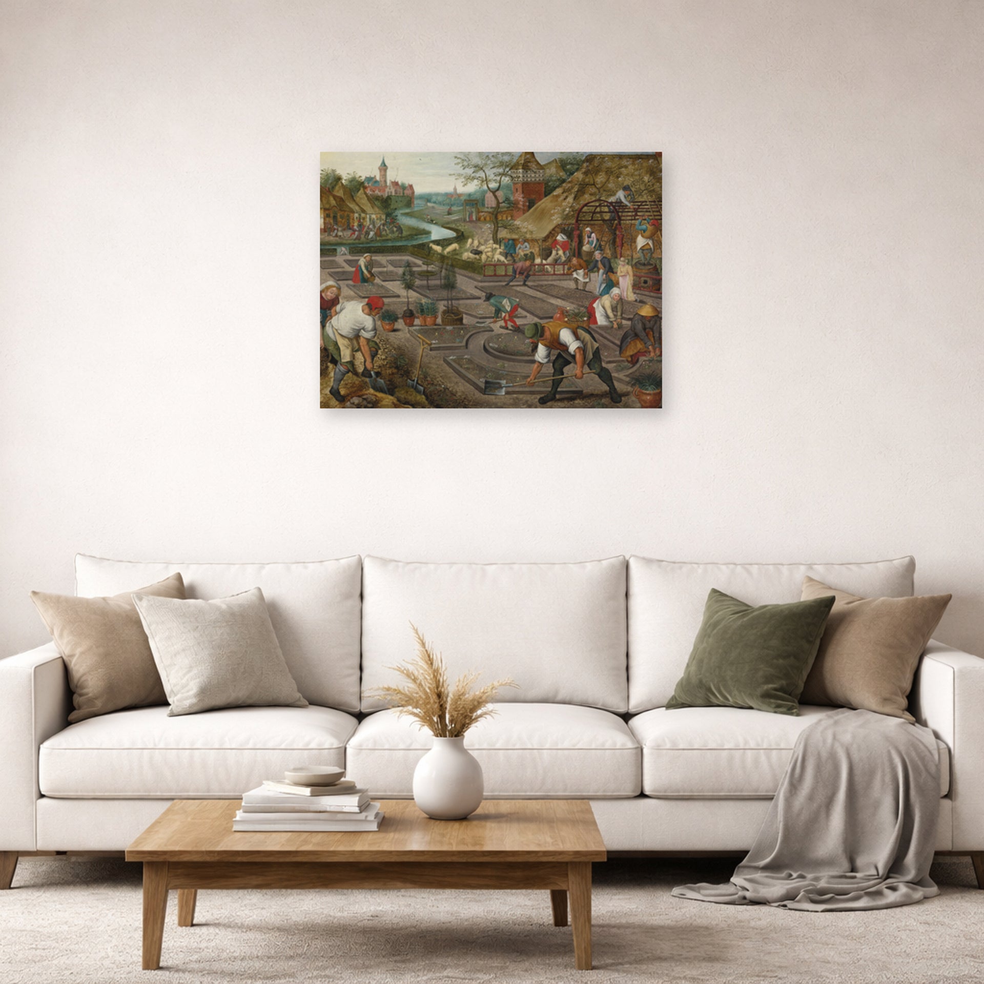 Unframed poster print of Pieter Bruegel the Elder's Spring displayed on a wall in a living room