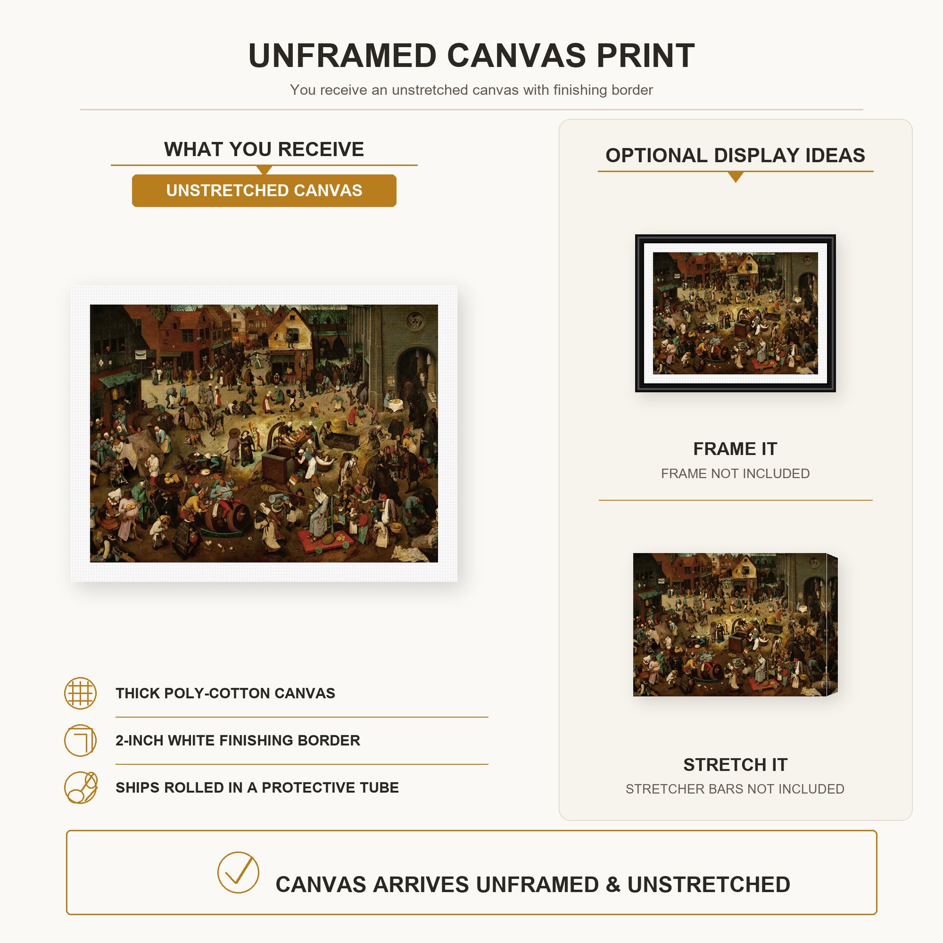 Pieter Bruegel the Elder - The Fight Between Carnival and Lent canvas print size comparison and framing display infographic