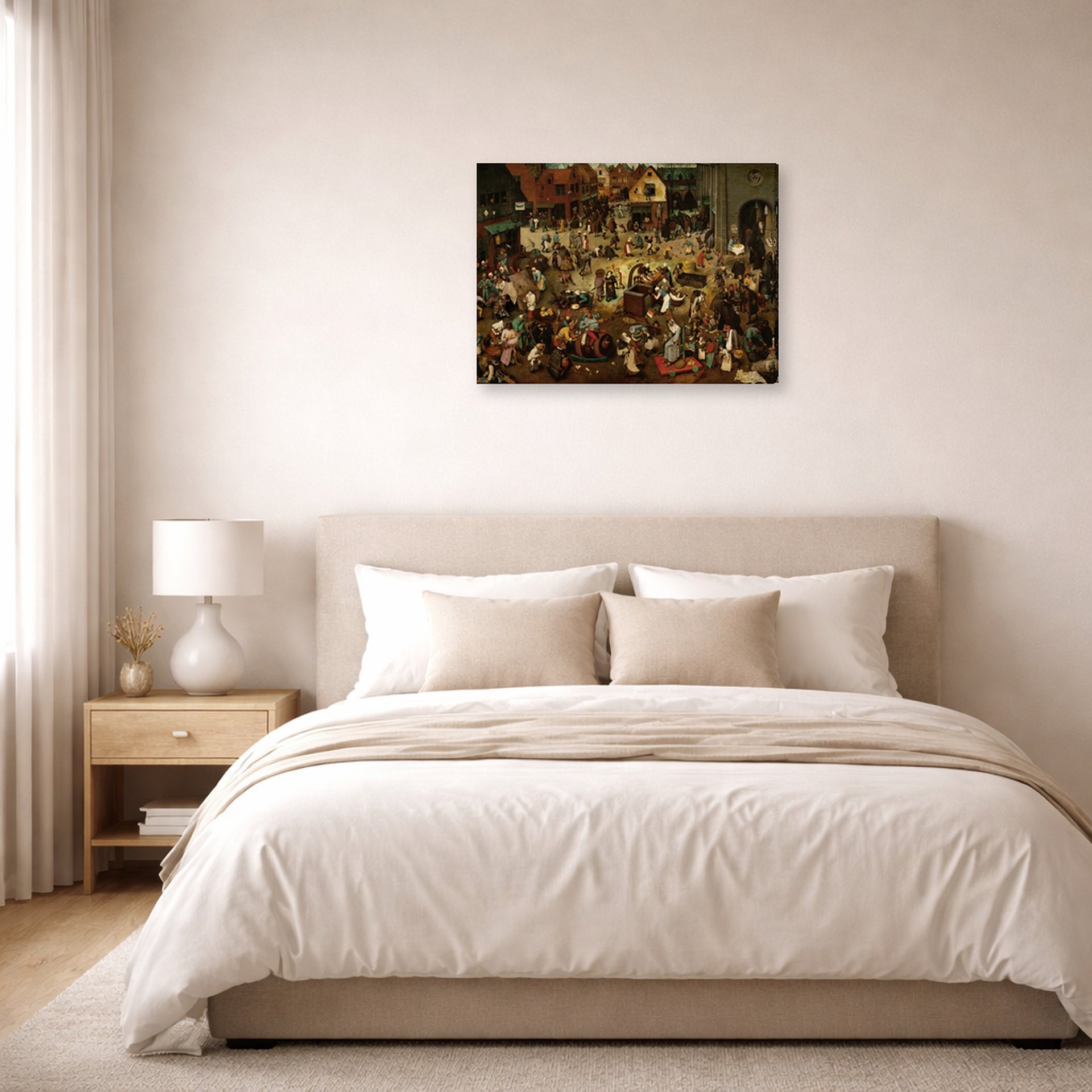 Gallery-wrapped canvas print of Pieter Bruegel the Elder's The Fight Between Carnival and Lent displayed on a wall in a bedroom
