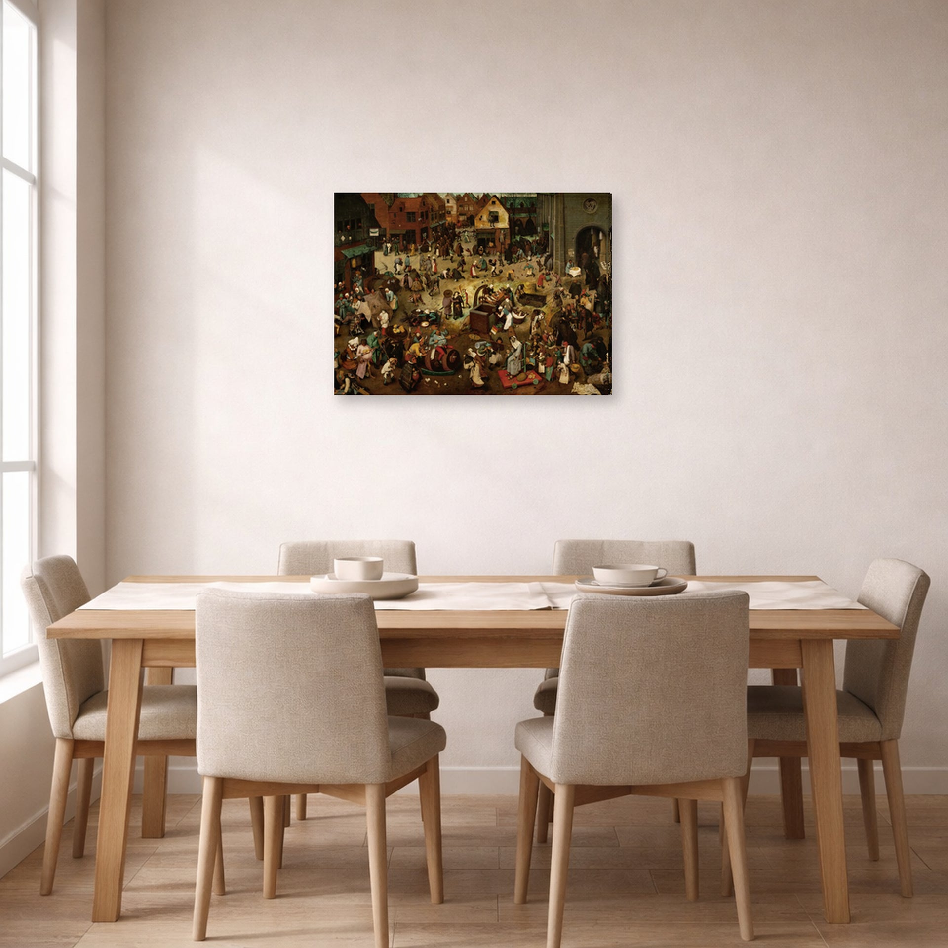 Gallery-wrapped canvas print of Pieter Bruegel the Elder's The Fight Between Carnival and Lent displayed on a wall in a dining room