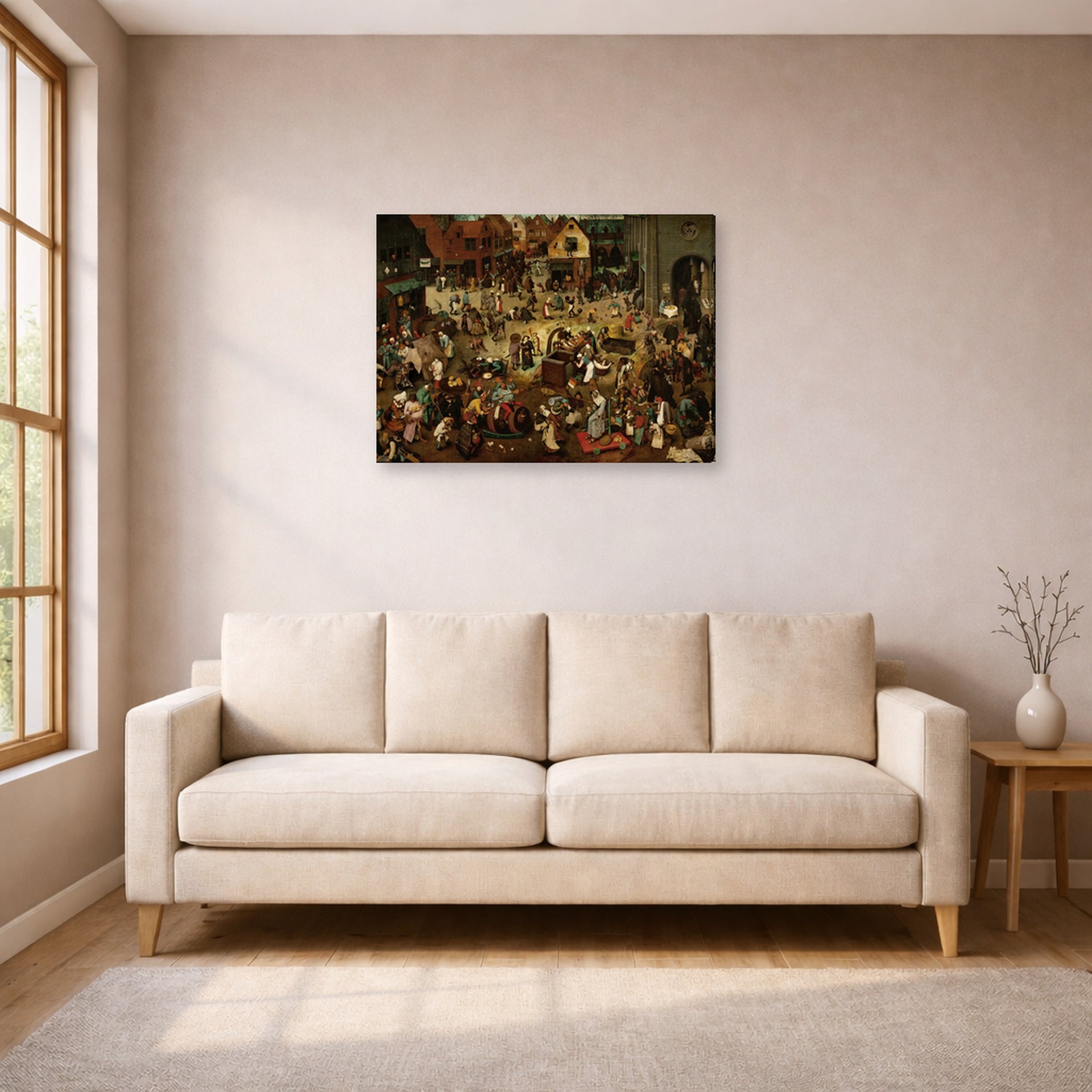 Gallery-wrapped canvas print of Pieter Bruegel the Elder's The Fight Between Carnival and Lent displayed on a wall in a living room