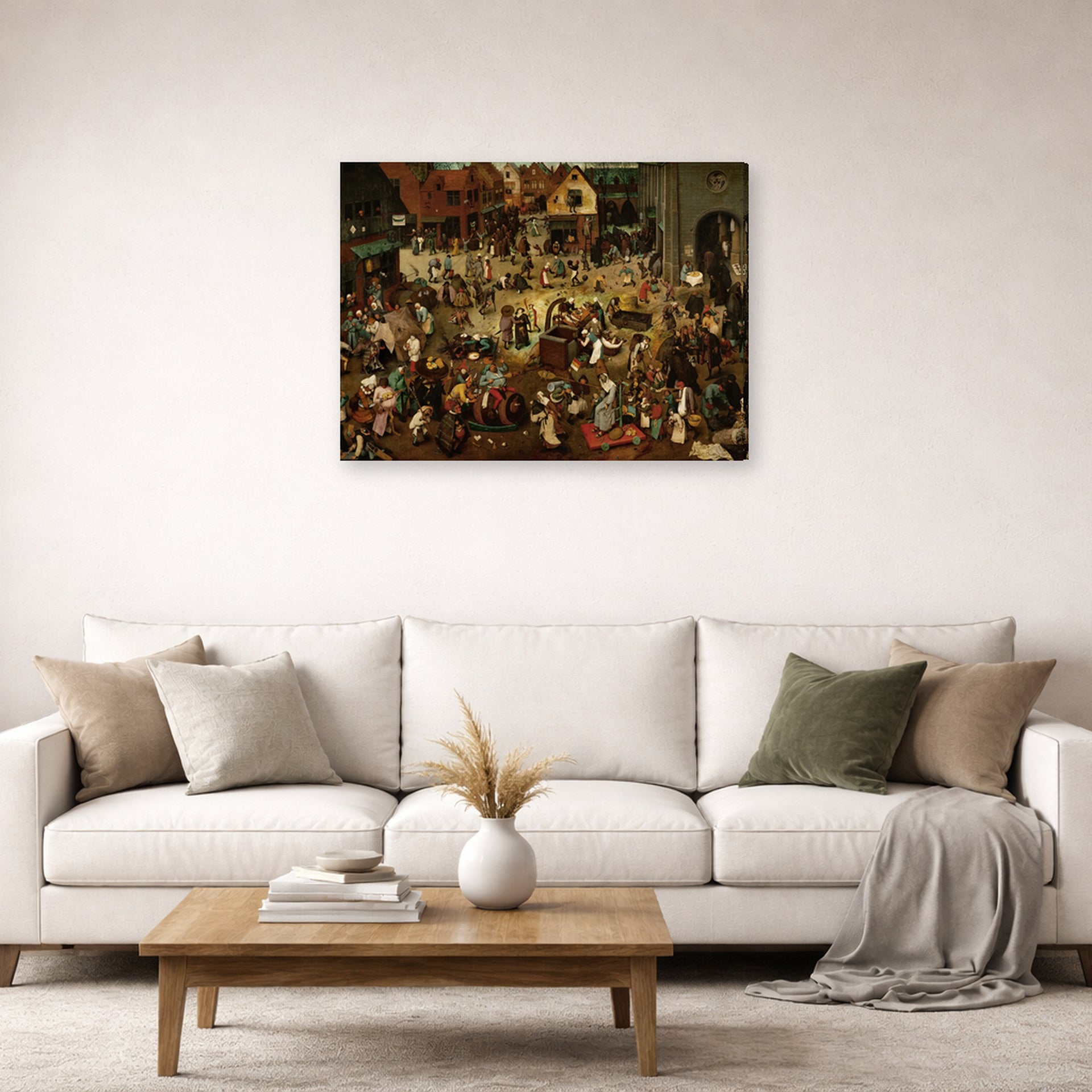 Gallery-wrapped canvas print of Pieter Bruegel the Elder's The Fight Between Carnival and Lent displayed on a wall in a living room