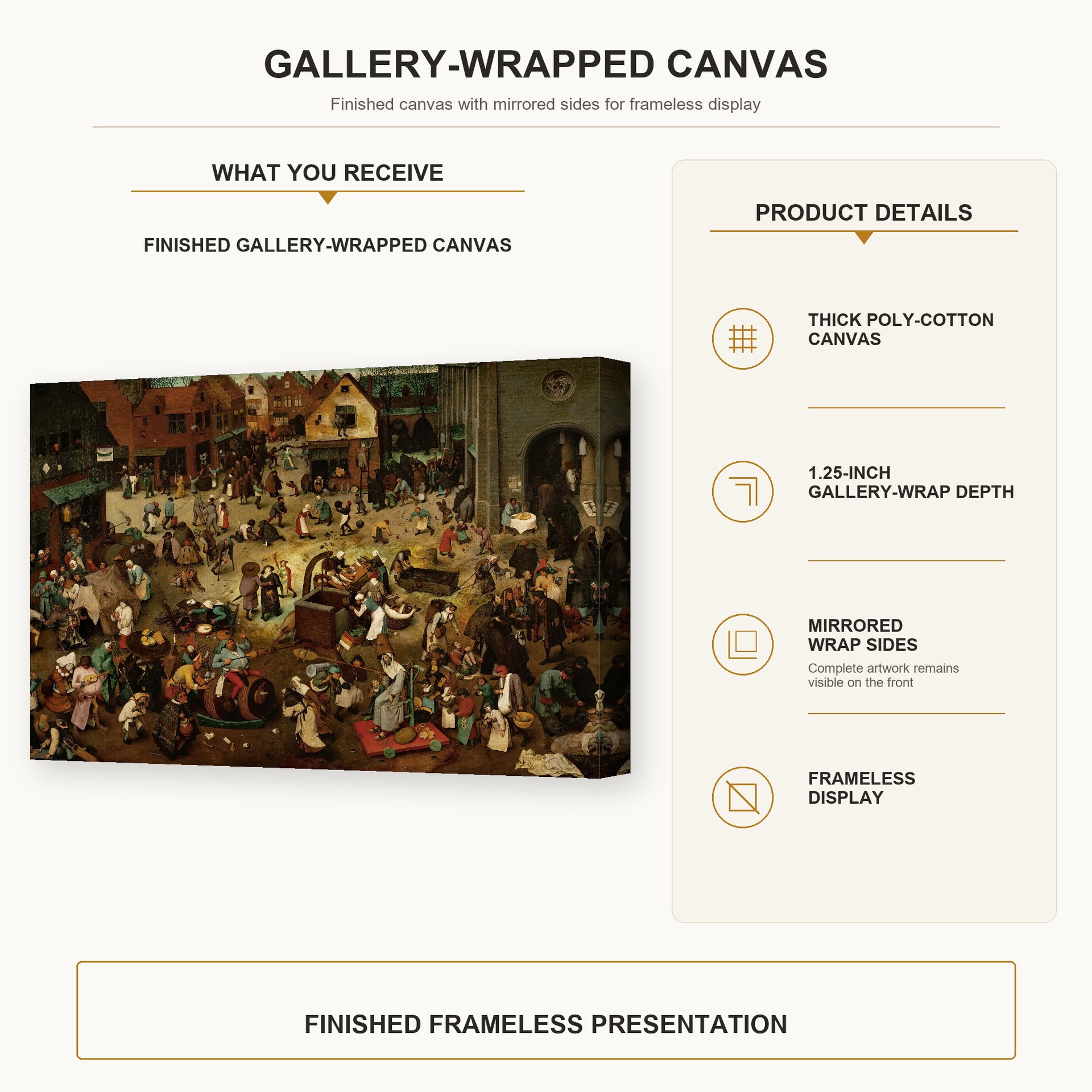 Pieter Bruegel the Elder - The Fight Between Carnival and Lent gallery wrap canvas construction and hanging details infographic