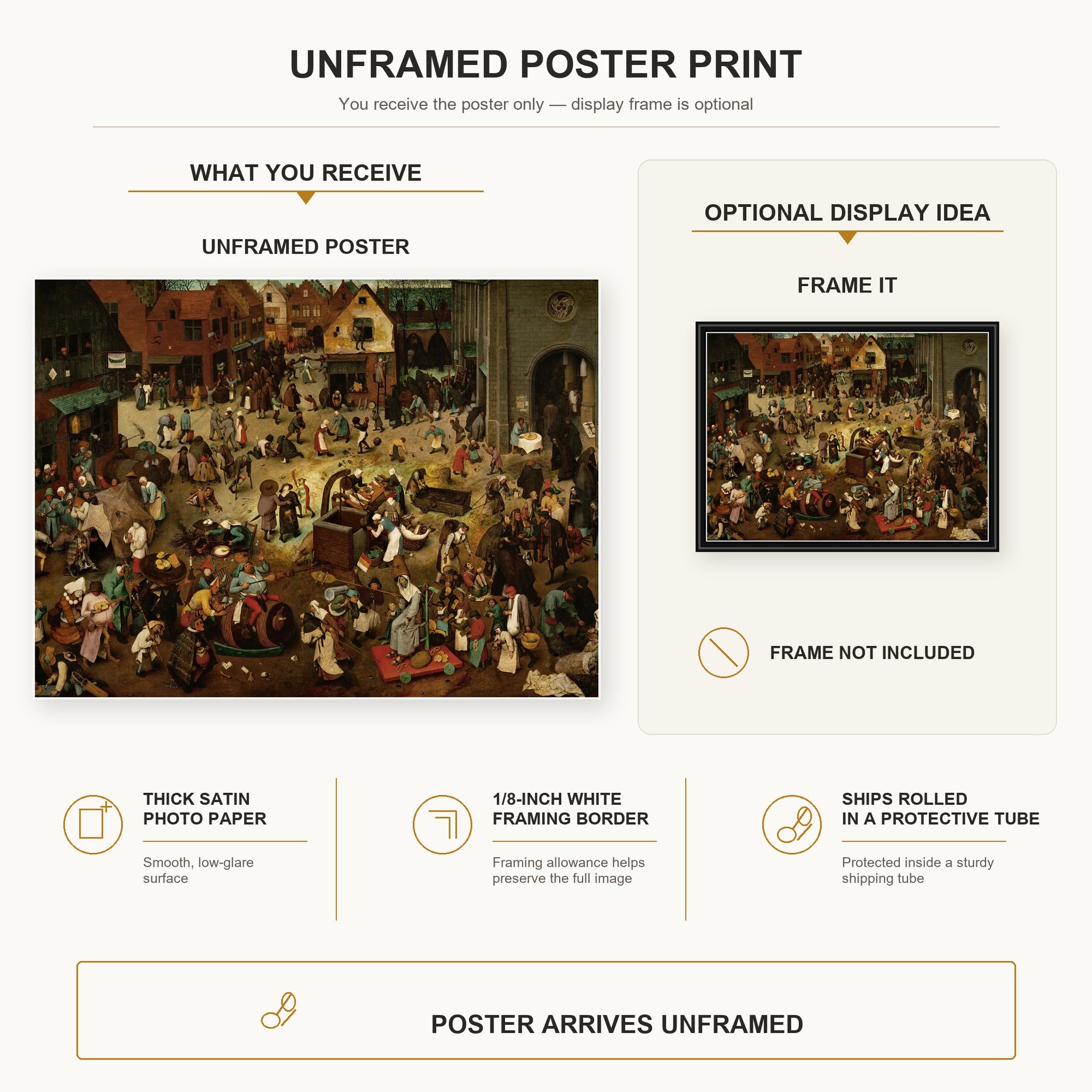 Pieter Bruegel the Elder - The Fight Between Carnival and Lent poster print size comparison and framing display infographic
