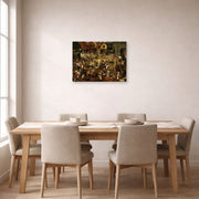 Unframed poster print of Pieter Bruegel the Elder's The Fight Between Carnival and Lent displayed on a wall in a dining room