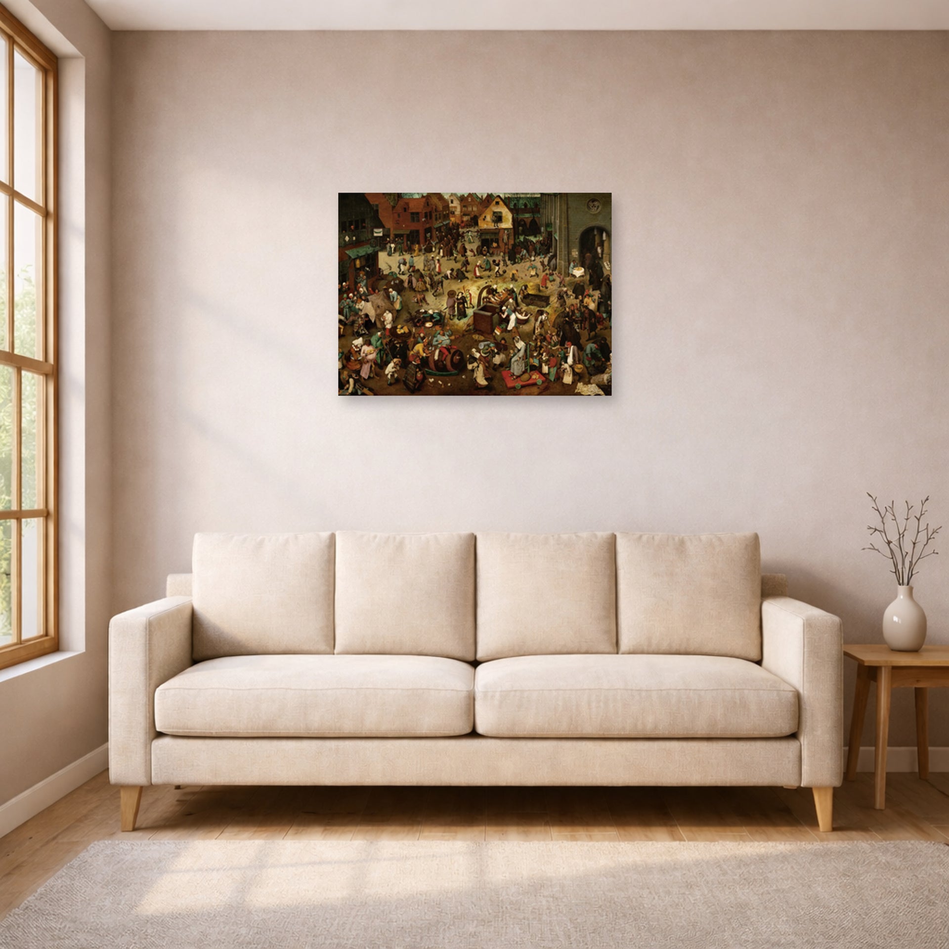 Unframed poster print of Pieter Bruegel the Elder's The Fight Between Carnival and Lent displayed on a wall in a living room