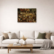 Unframed poster print of Pieter Bruegel the Elder's The Fight Between Carnival and Lent displayed on a wall in a living room