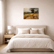Gallery-wrapped canvas print of Pieter Bruegel the Elder's The Harvesters displayed on a wall in a bedroom