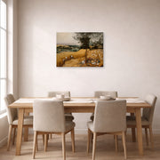 Gallery-wrapped canvas print of Pieter Bruegel the Elder's The Harvesters displayed on a wall in a dining room