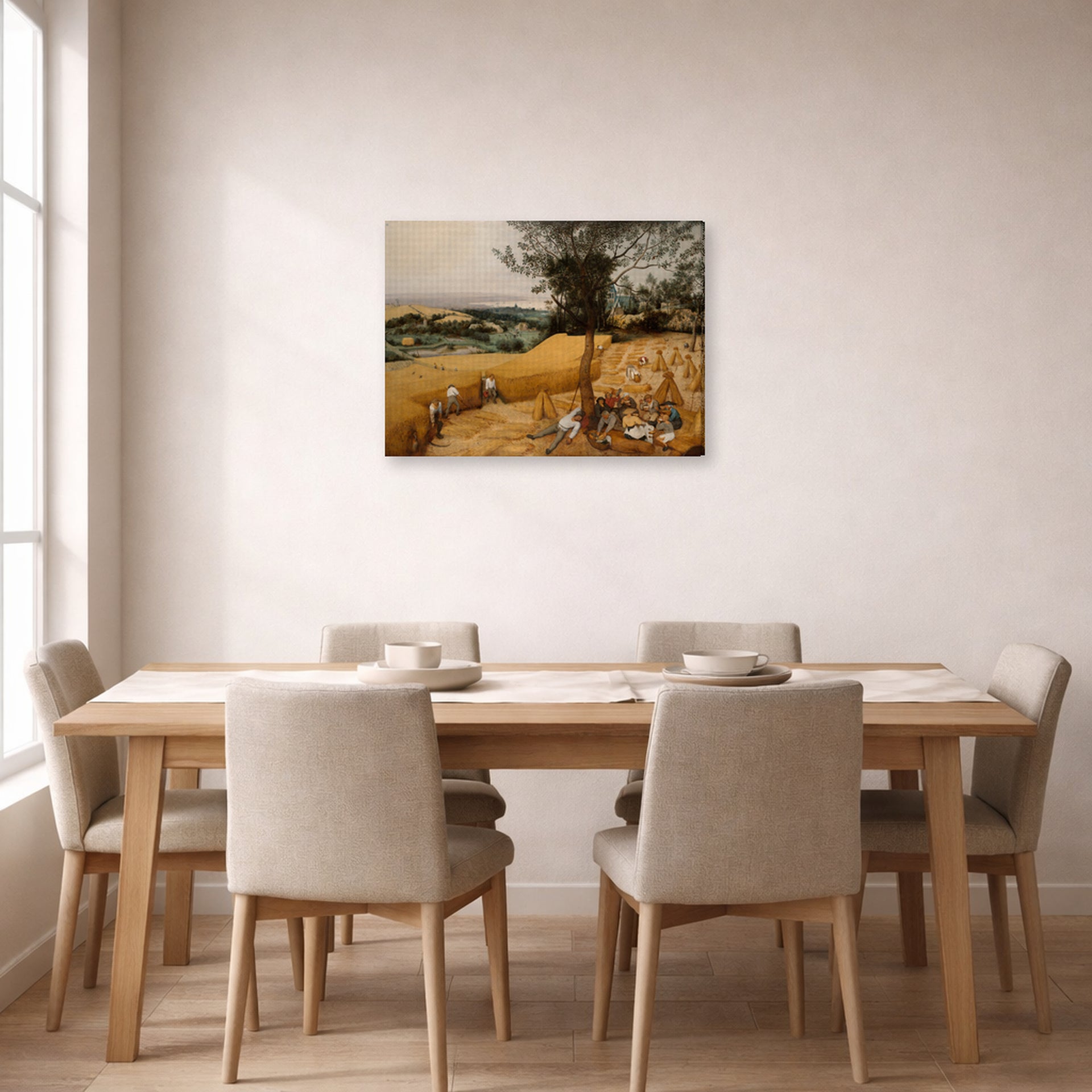 Gallery-wrapped canvas print of Pieter Bruegel the Elder's The Harvesters displayed on a wall in a dining room