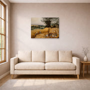 Gallery-wrapped canvas print of Pieter Bruegel the Elder's The Harvesters displayed on a wall in a living room