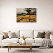 Gallery-wrapped canvas print of Pieter Bruegel the Elder's The Harvesters displayed on a wall in a living room
