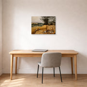 Gallery-wrapped canvas print of Pieter Bruegel the Elder's The Harvesters displayed on a wall in a home office