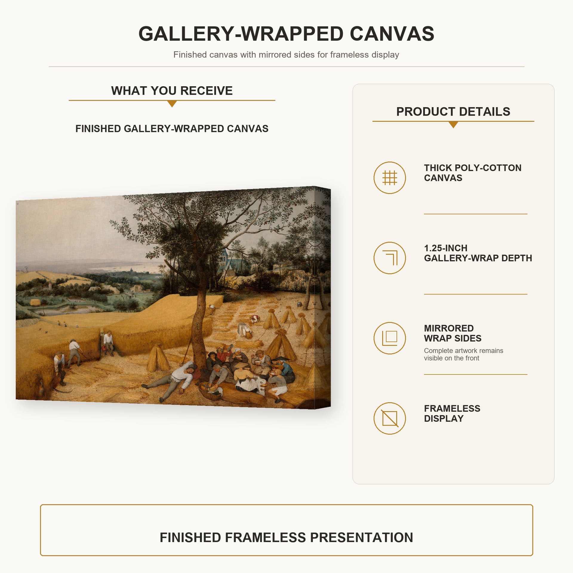 Pieter Bruegel the Elder - The Harvesters gallery wrap canvas construction and hanging details infographic
