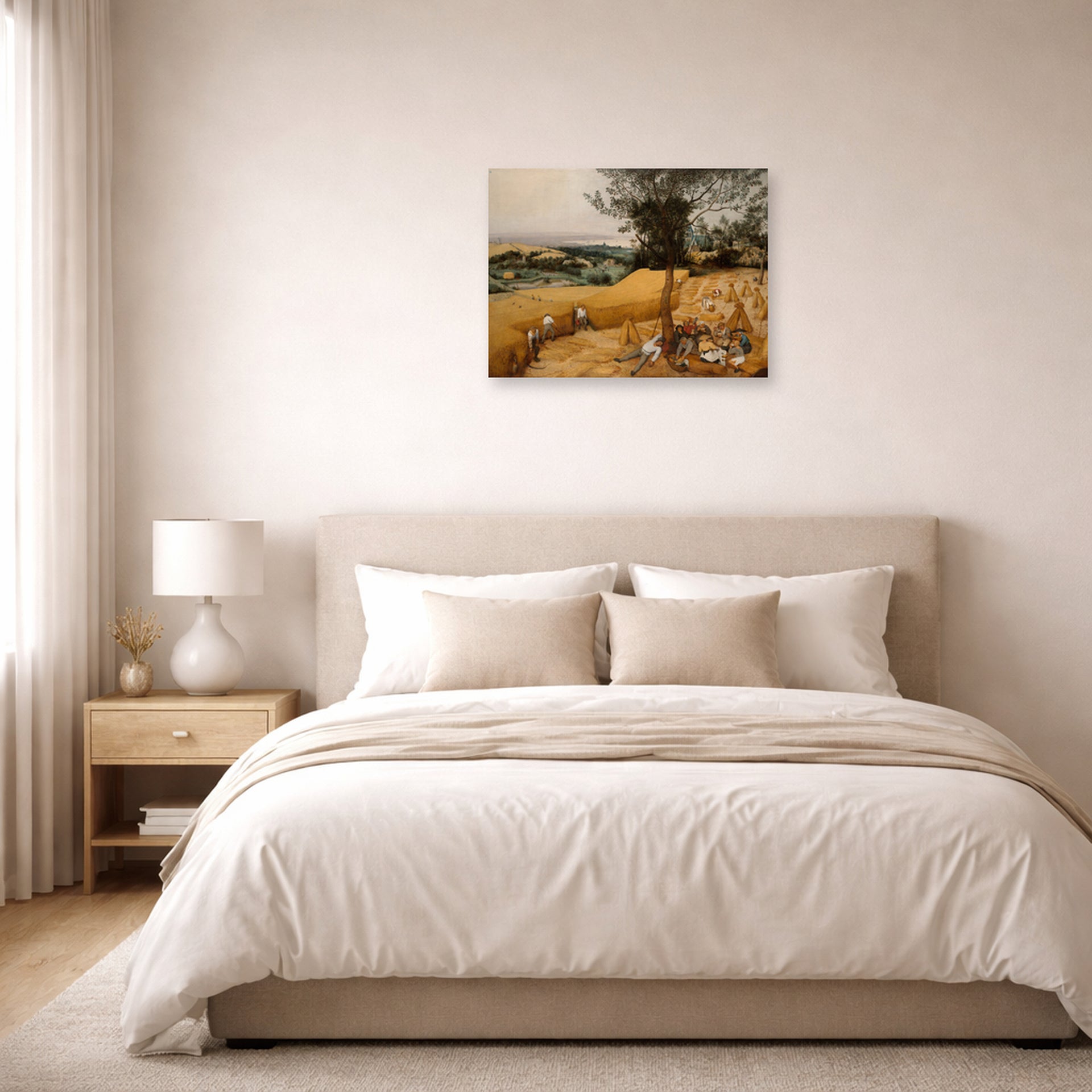 Unframed poster print of Pieter Bruegel the Elder's The Harvesters displayed on a wall in a bedroom