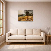 Unframed poster print of Pieter Bruegel the Elder's The Harvesters displayed on a wall in a living room