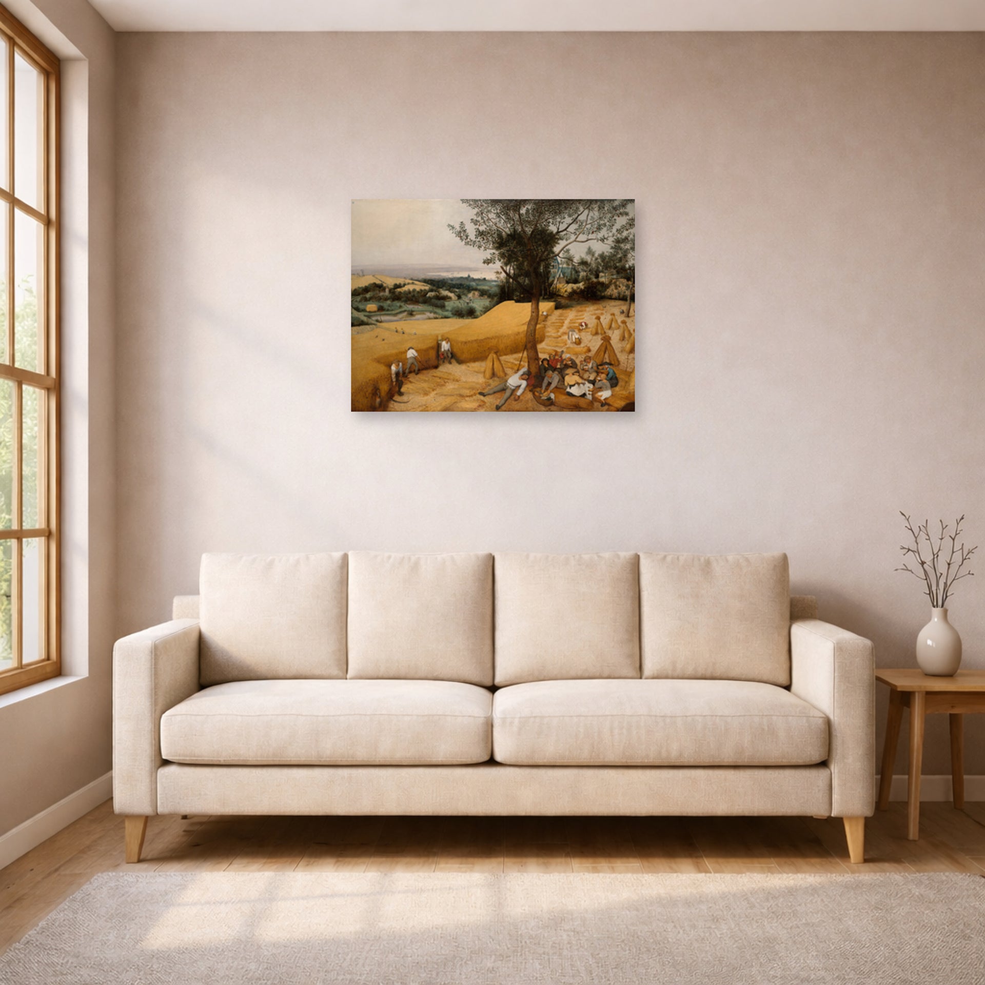 Unframed poster print of Pieter Bruegel the Elder's The Harvesters displayed on a wall in a living room