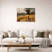 Unframed poster print of Pieter Bruegel the Elder's The Harvesters displayed on a wall in a living room