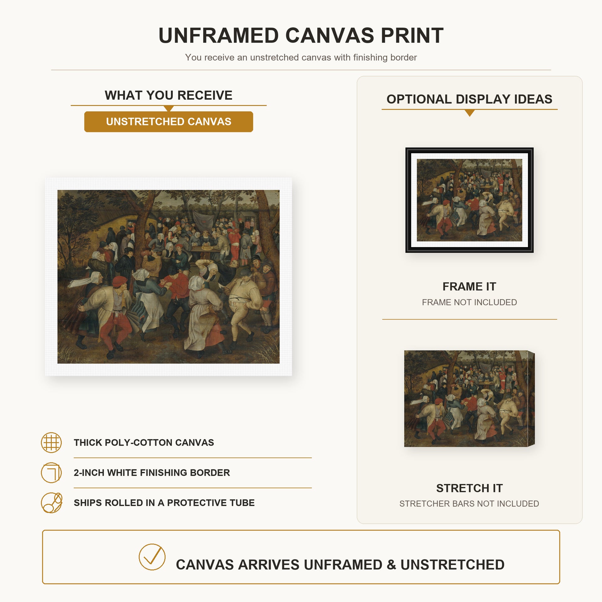 Pieter Bruegel the Elder - The Outdoor Wedding Feast canvas print size comparison and framing display infographic