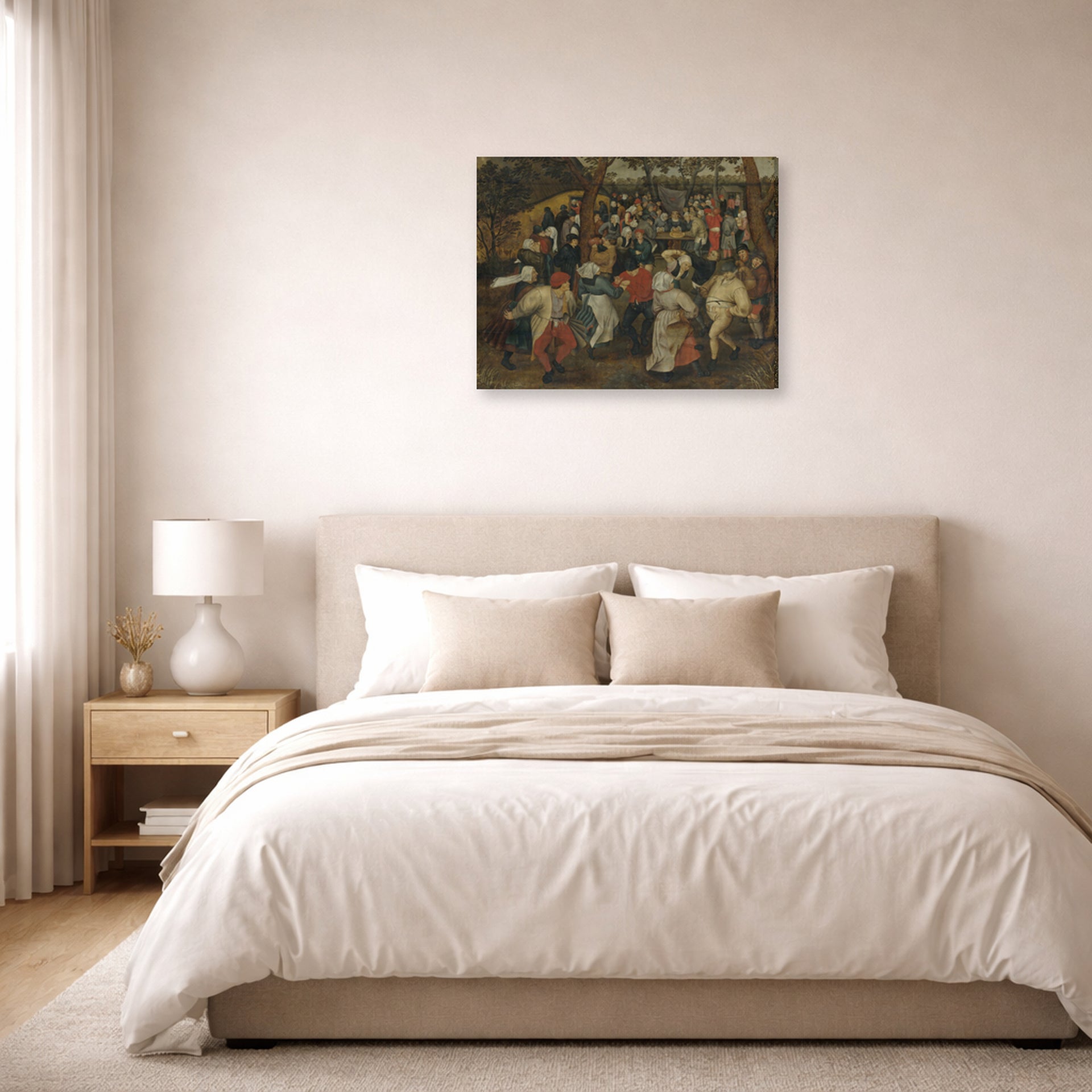 Gallery-wrapped canvas print of Pieter Bruegel the Elder's The Outdoor Wedding Feast displayed on a wall in a bedroom