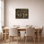 Gallery-wrapped canvas print of Pieter Bruegel the Elder's The Outdoor Wedding Feast displayed on a wall in a dining room