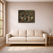Gallery-wrapped canvas print of Pieter Bruegel the Elder's The Outdoor Wedding Feast displayed on a wall in a living room