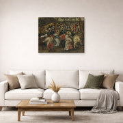 Gallery-wrapped canvas print of Pieter Bruegel the Elder's The Outdoor Wedding Feast displayed on a wall in a living room