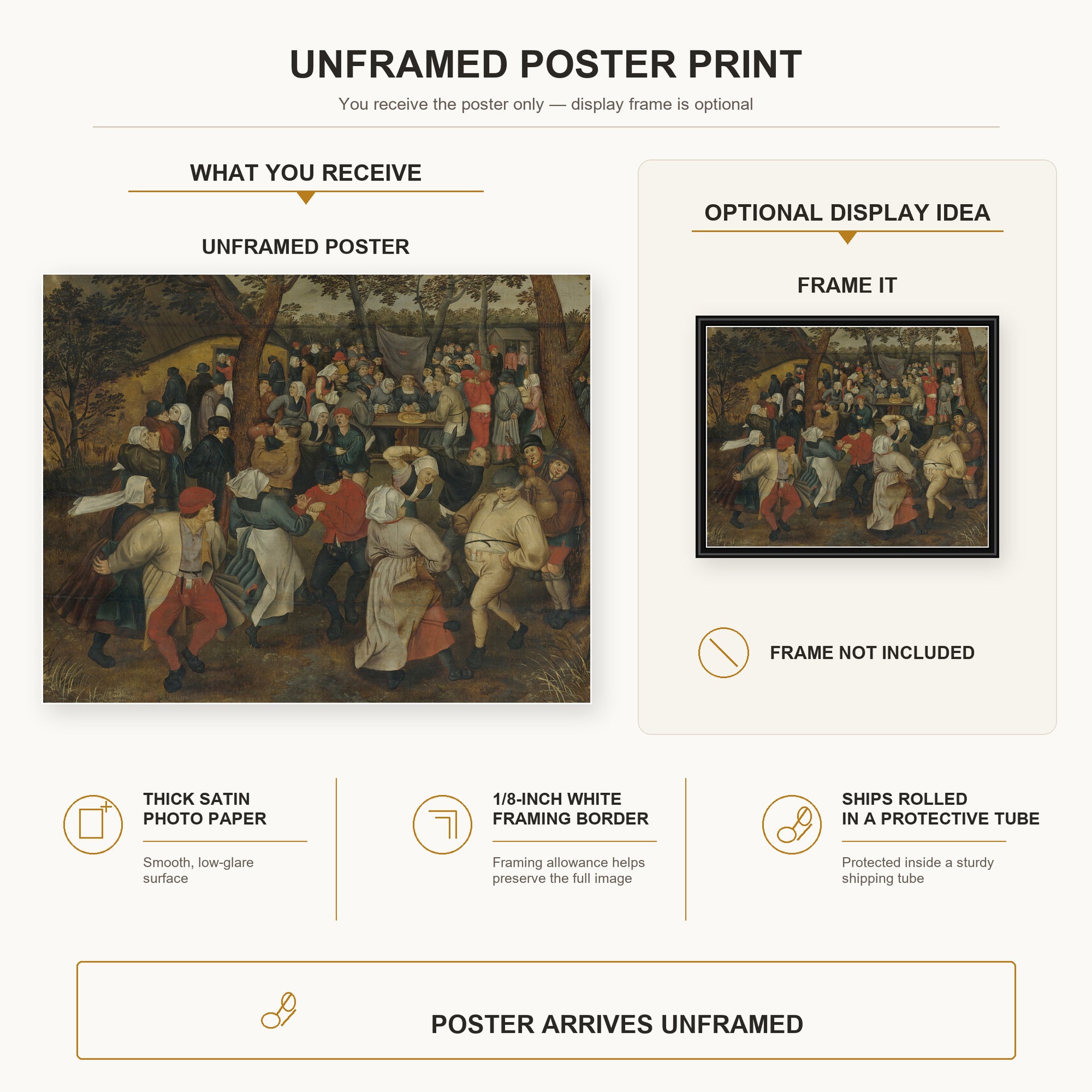 Pieter Bruegel the Elder - The Outdoor Wedding Feast poster print size comparison and framing display infographic