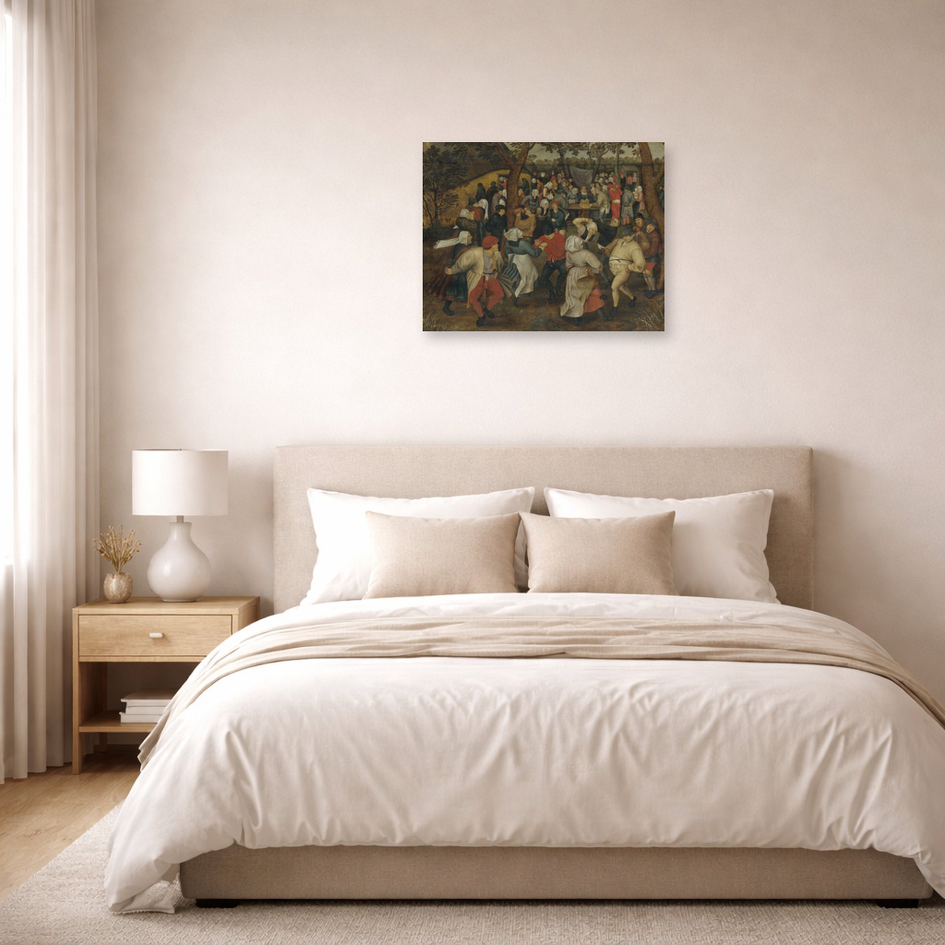 Unframed poster print of Pieter Bruegel the Elder's The Outdoor Wedding Feast displayed on a wall in a bedroom