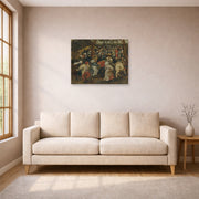 Unframed poster print of Pieter Bruegel the Elder's The Outdoor Wedding Feast displayed on a wall in a living room