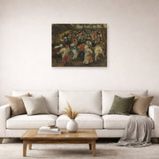 Unframed poster print of Pieter Bruegel the Elder's The Outdoor Wedding Feast displayed on a wall in a living room