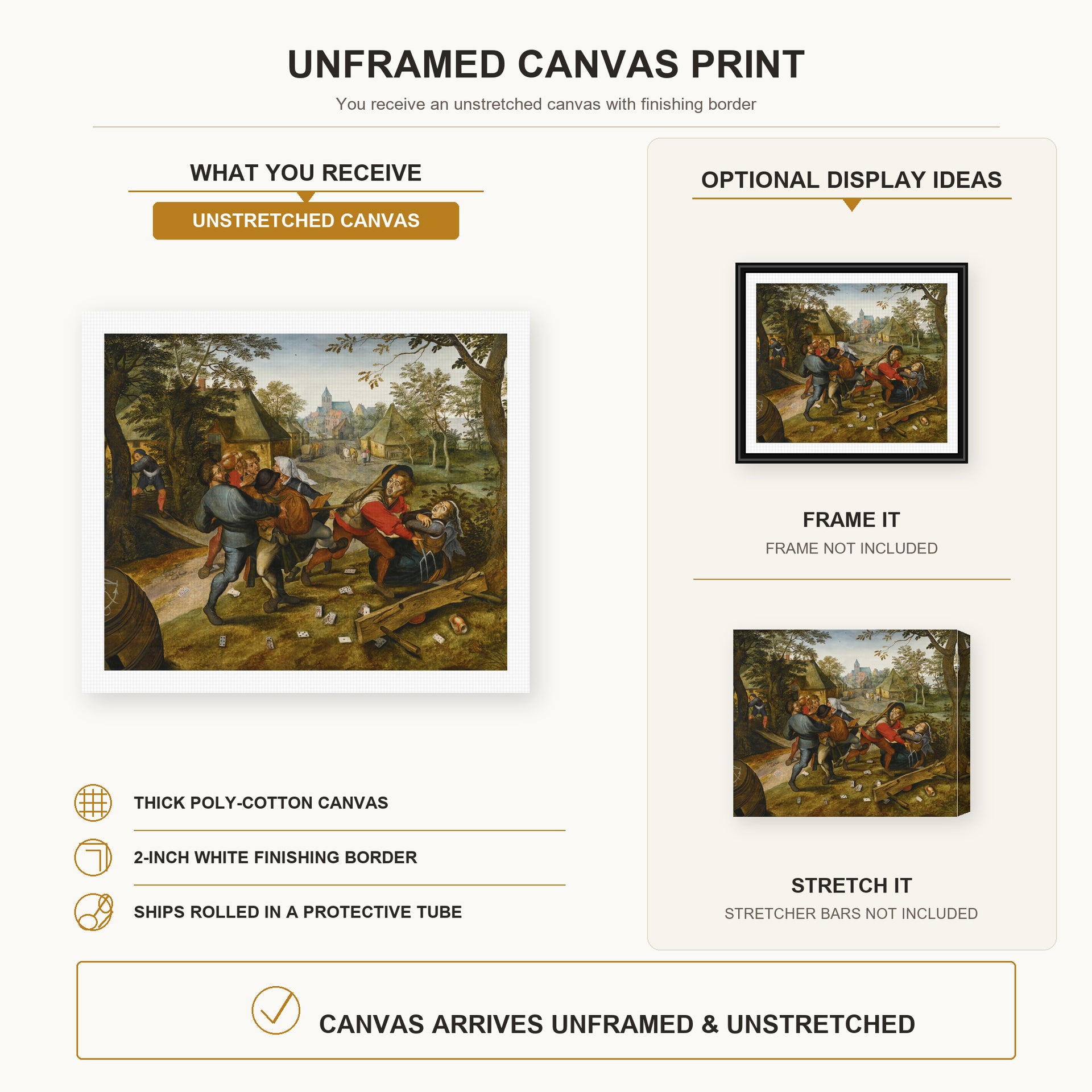 Pieter Bruegel the Elder - The Peasants' Brawl canvas print size comparison and framing display infographic