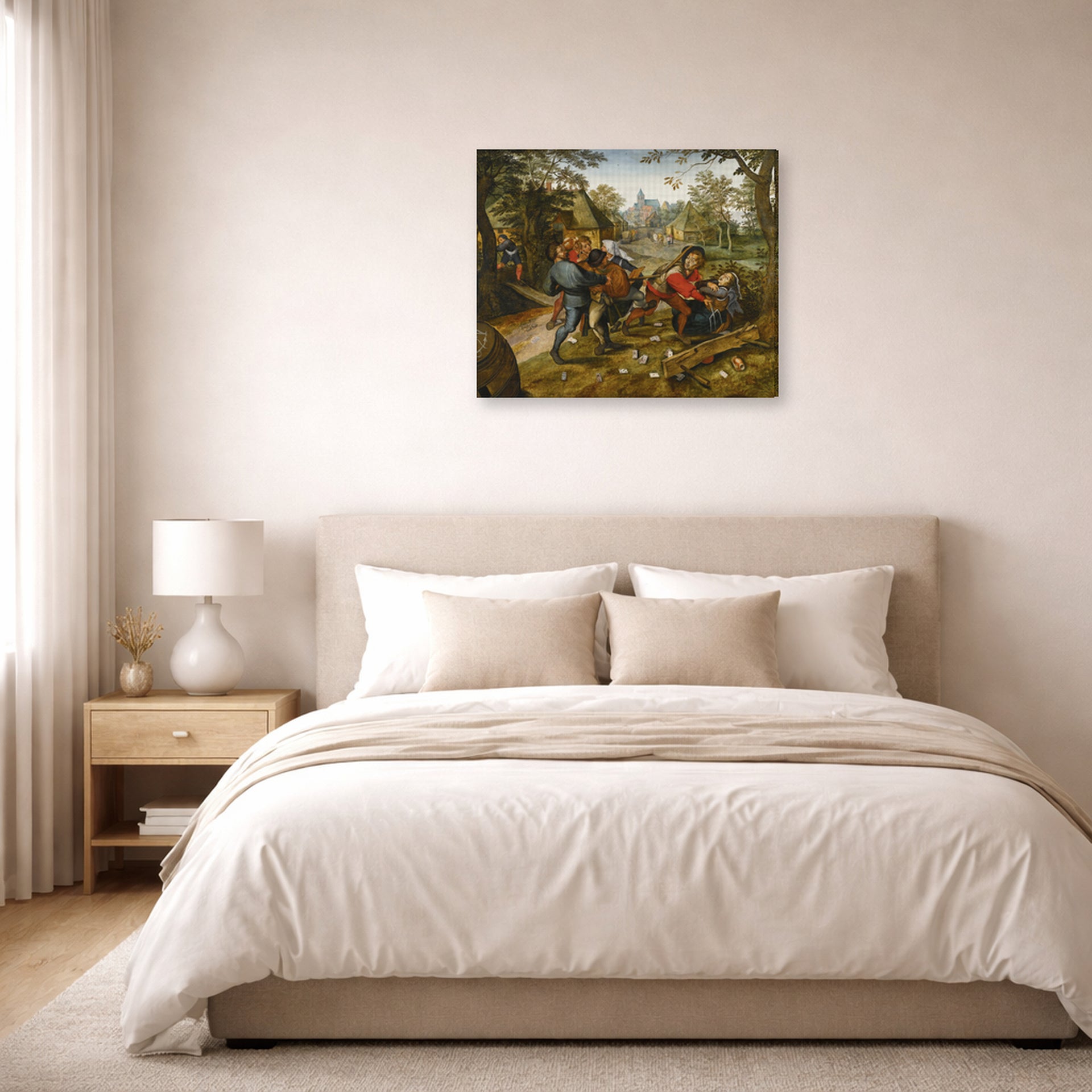 Gallery-wrapped canvas print of Pieter Bruegel the Elder's The Peasants' Brawl displayed on a wall in a bedroom