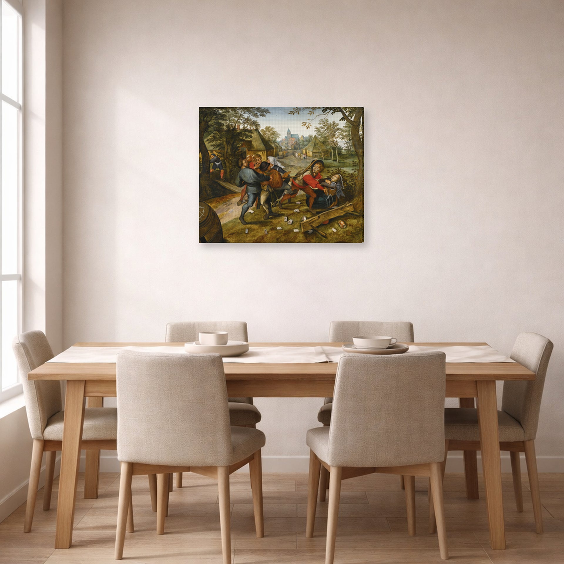 Gallery-wrapped canvas print of Pieter Bruegel the Elder's The Peasants' Brawl displayed on a wall in a dining room