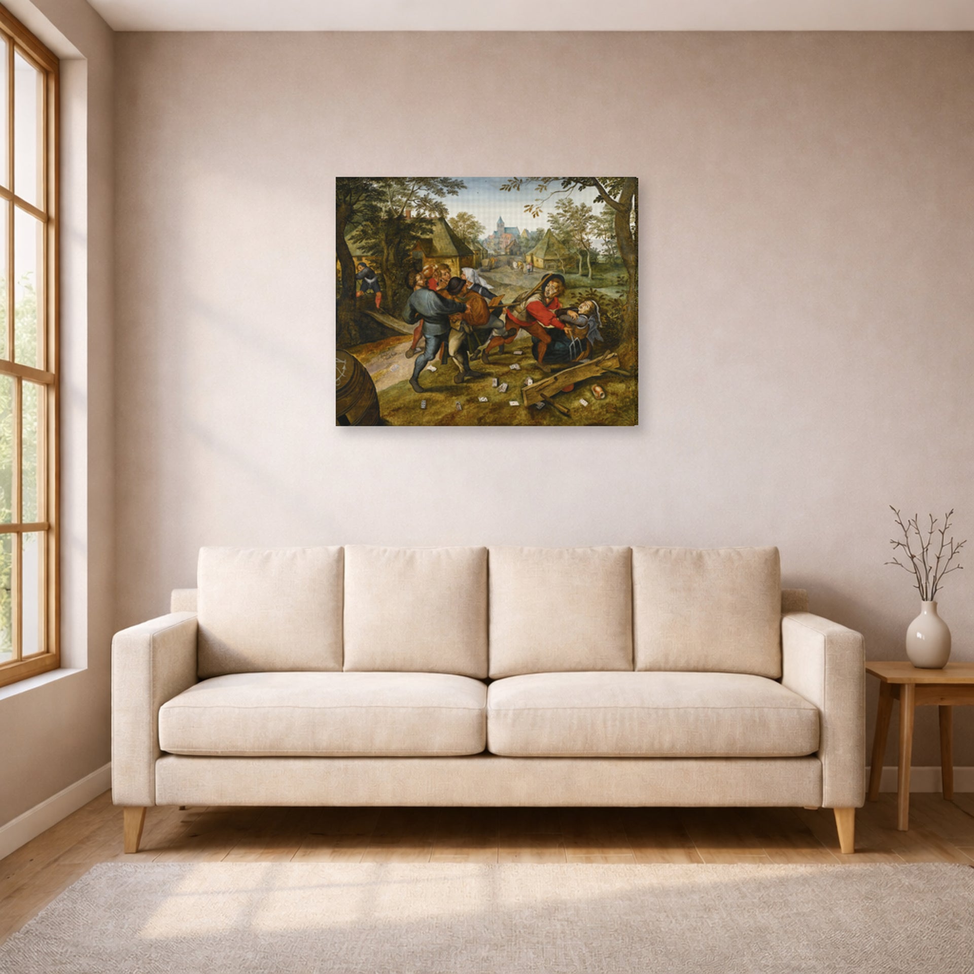 Gallery-wrapped canvas print of Pieter Bruegel the Elder's The Peasants' Brawl displayed on a wall in a living room
