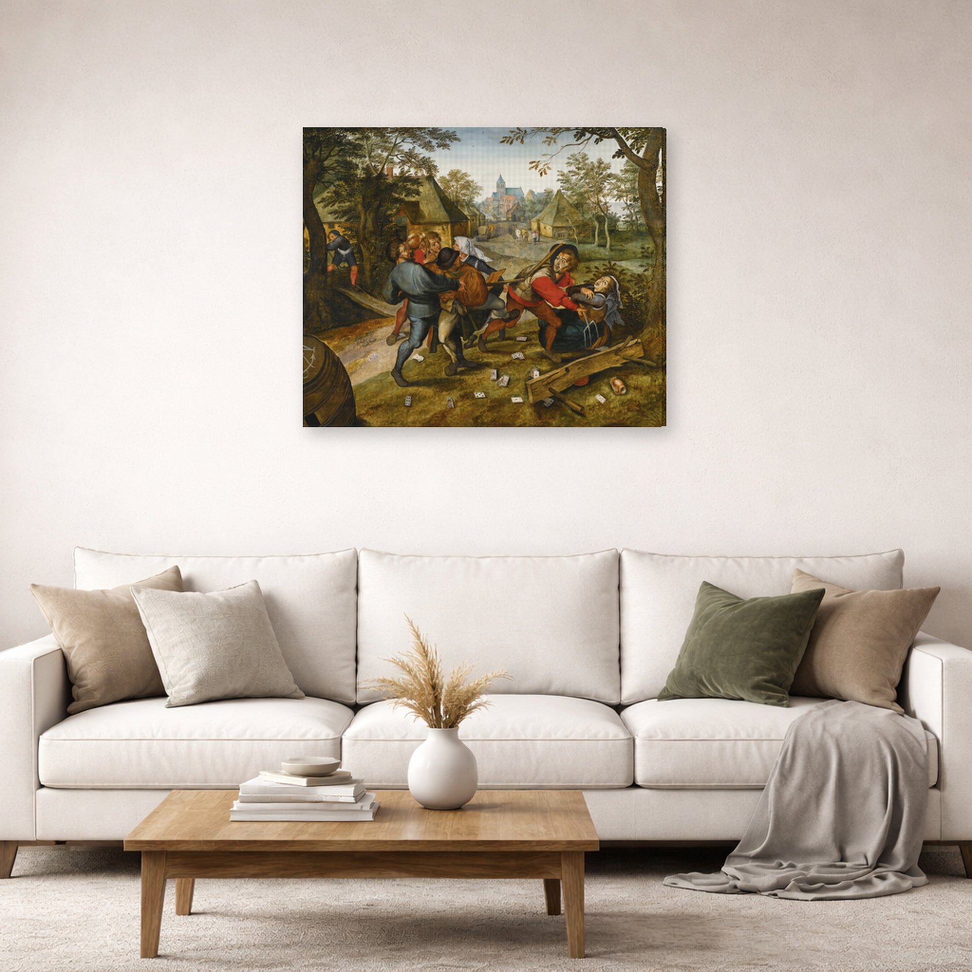 Gallery-wrapped canvas print of Pieter Bruegel the Elder's The Peasants' Brawl displayed on a wall in a living room