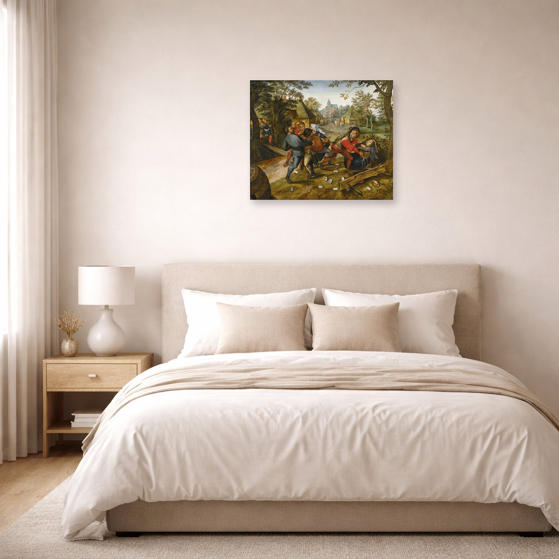 Unframed poster print of Pieter Bruegel the Elder's The Peasants' Brawl displayed on a wall in a bedroom