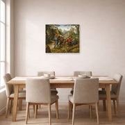 Unframed poster print of Pieter Bruegel the Elder's The Peasants' Brawl displayed on a wall in a dining room