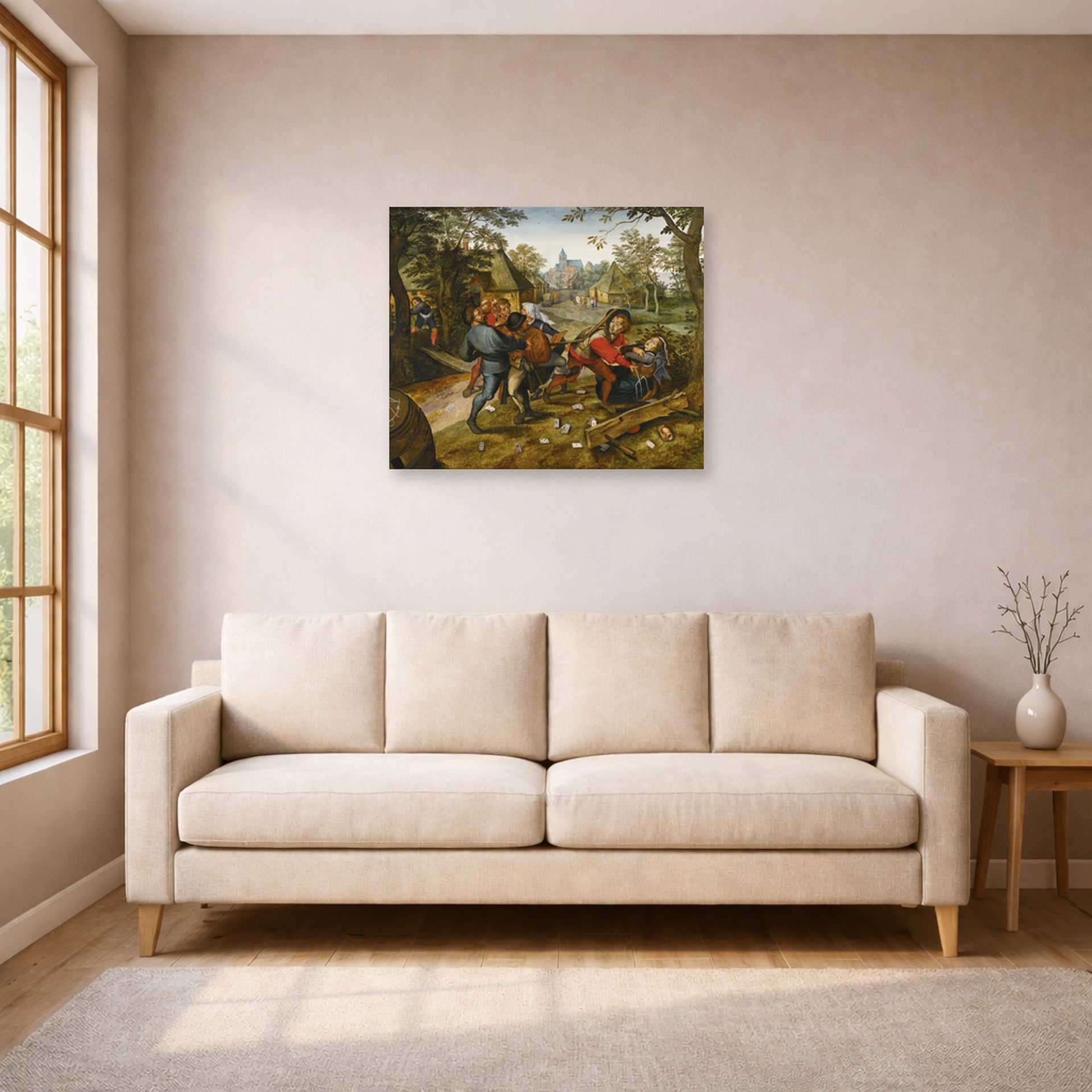 Unframed poster print of Pieter Bruegel the Elder's The Peasants' Brawl displayed on a wall in a living room