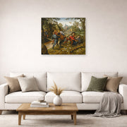 Unframed poster print of Pieter Bruegel the Elder's The Peasants' Brawl displayed on a wall in a living room