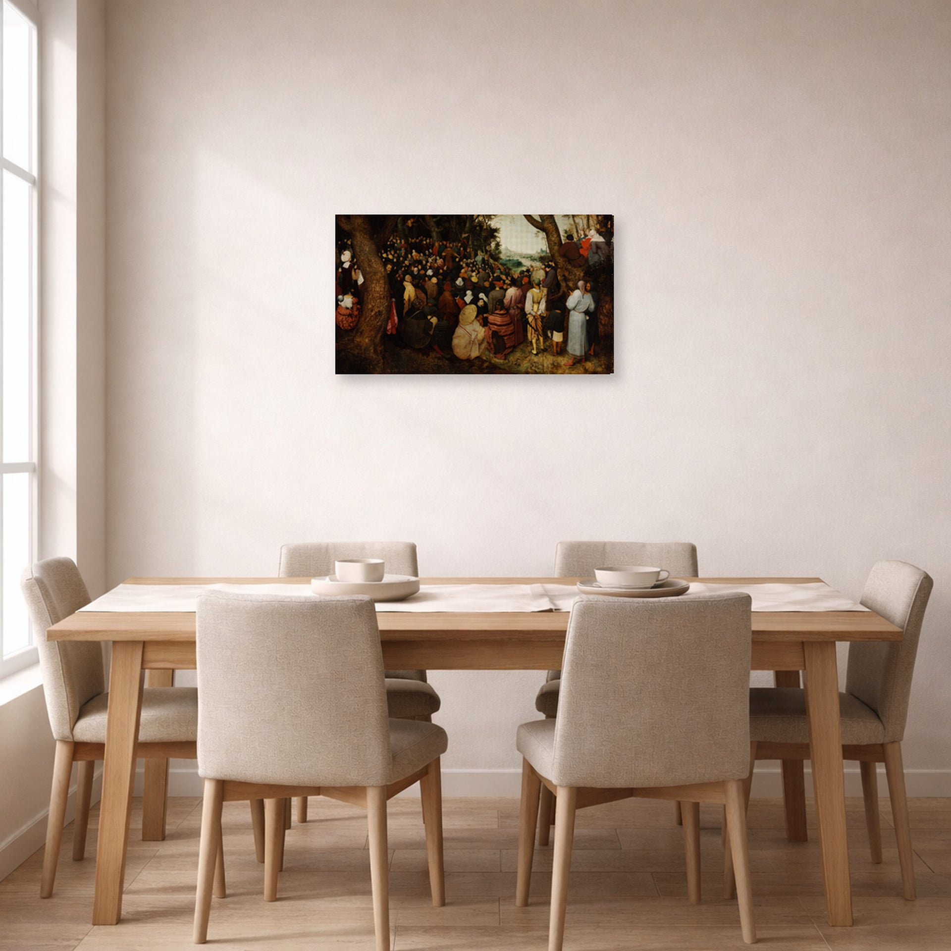 Gallery-wrapped canvas print of Pieter Bruegel the Elder's The Sermon of Saint John the Baptist displayed on a wall in a dining room
