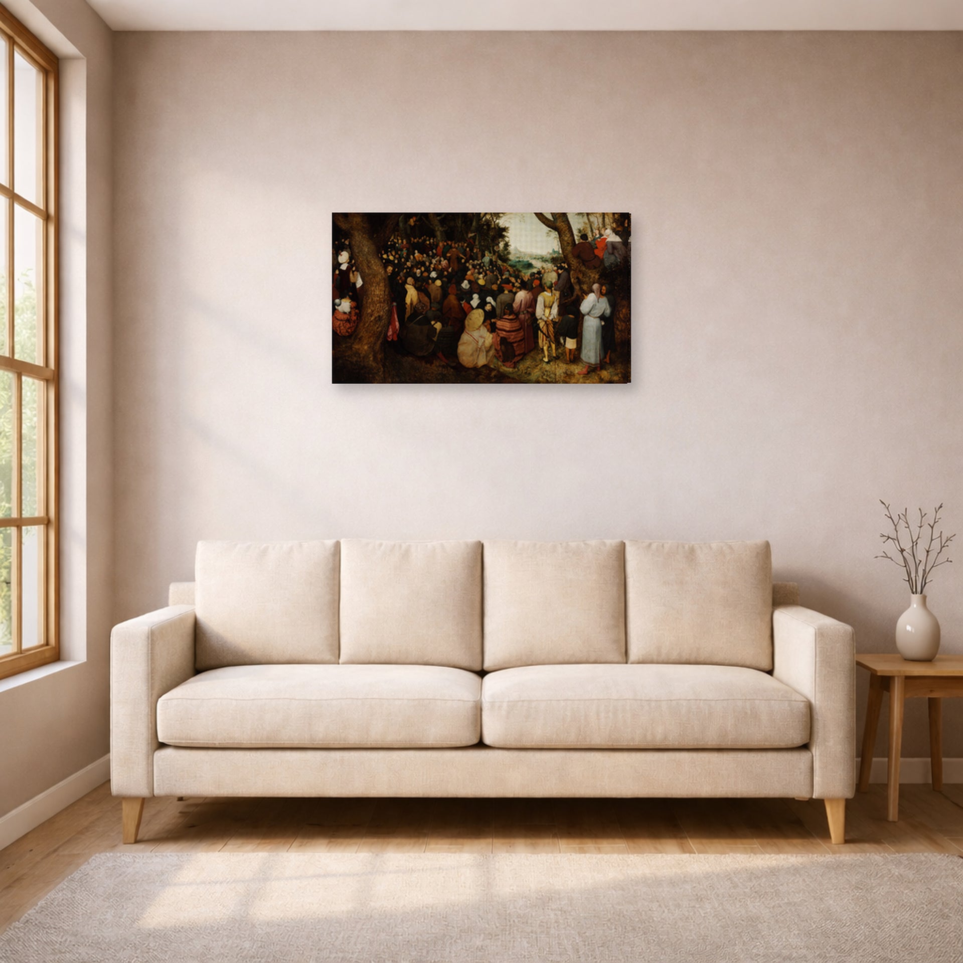 Gallery-wrapped canvas print of Pieter Bruegel the Elder's The Sermon of Saint John the Baptist displayed on a wall in a living room