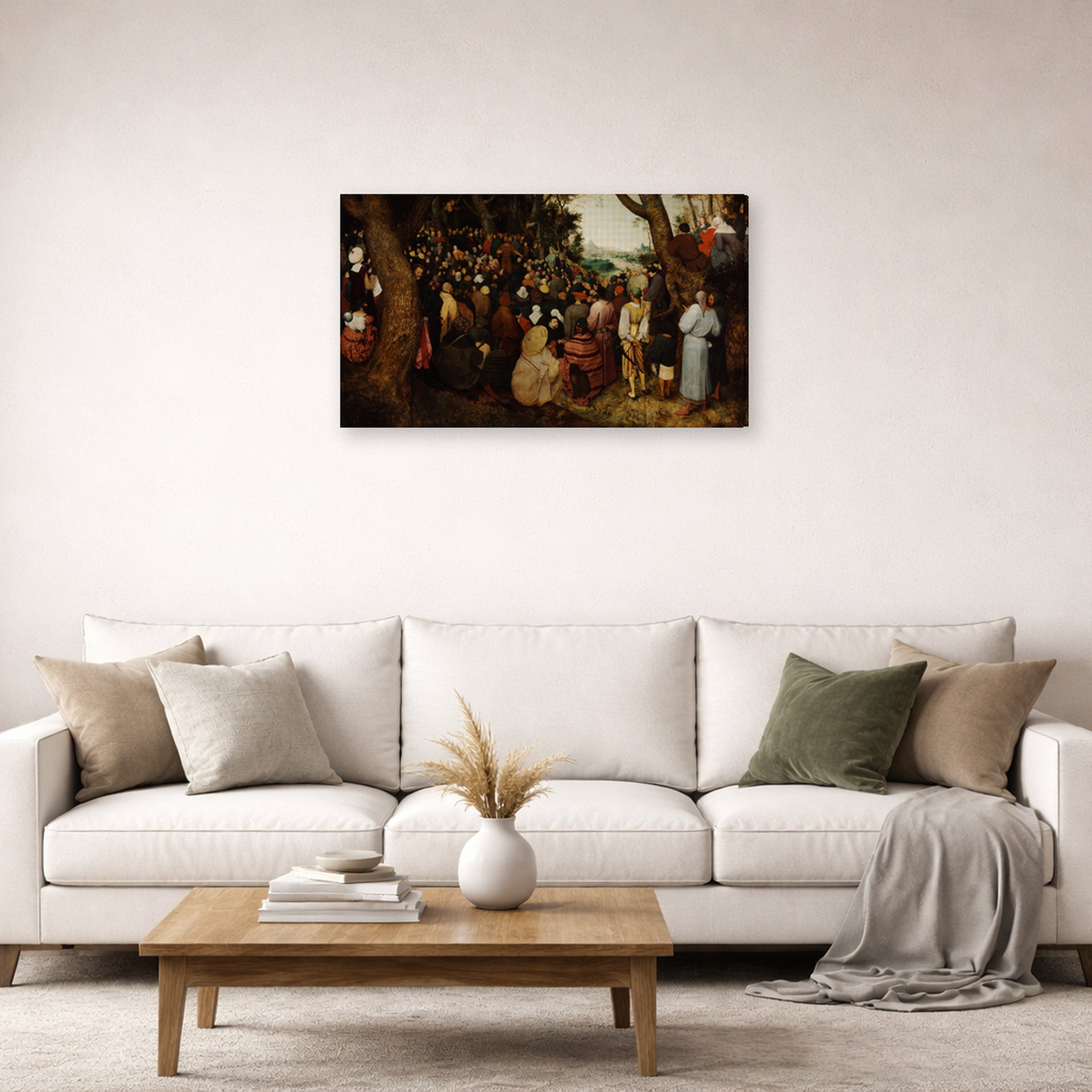Gallery-wrapped canvas print of Pieter Bruegel the Elder's The Sermon of Saint John the Baptist displayed on a wall in a living room