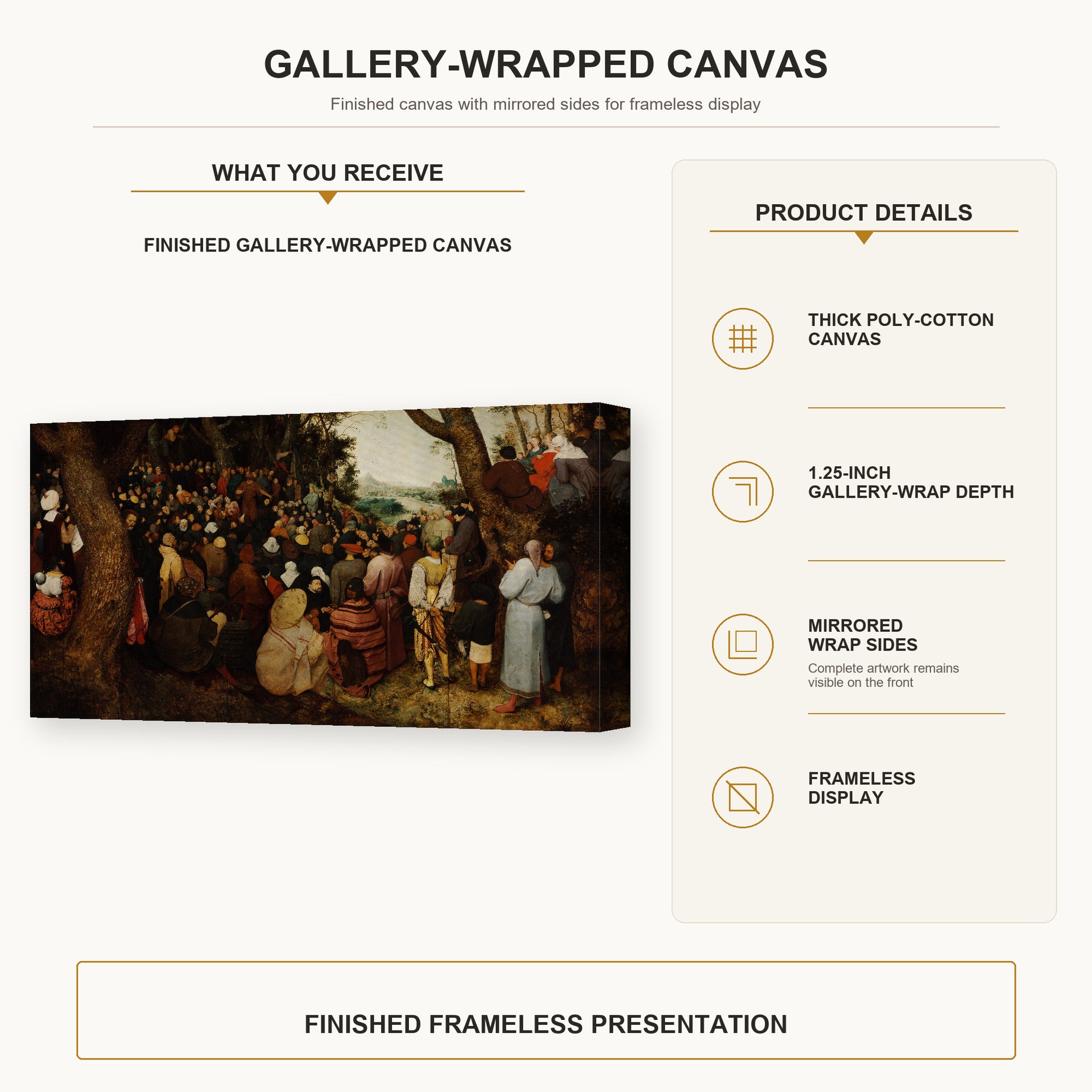 Pieter Bruegel the Elder - The Sermon of Saint John the Baptist gallery wrap canvas construction and hanging details infographic
