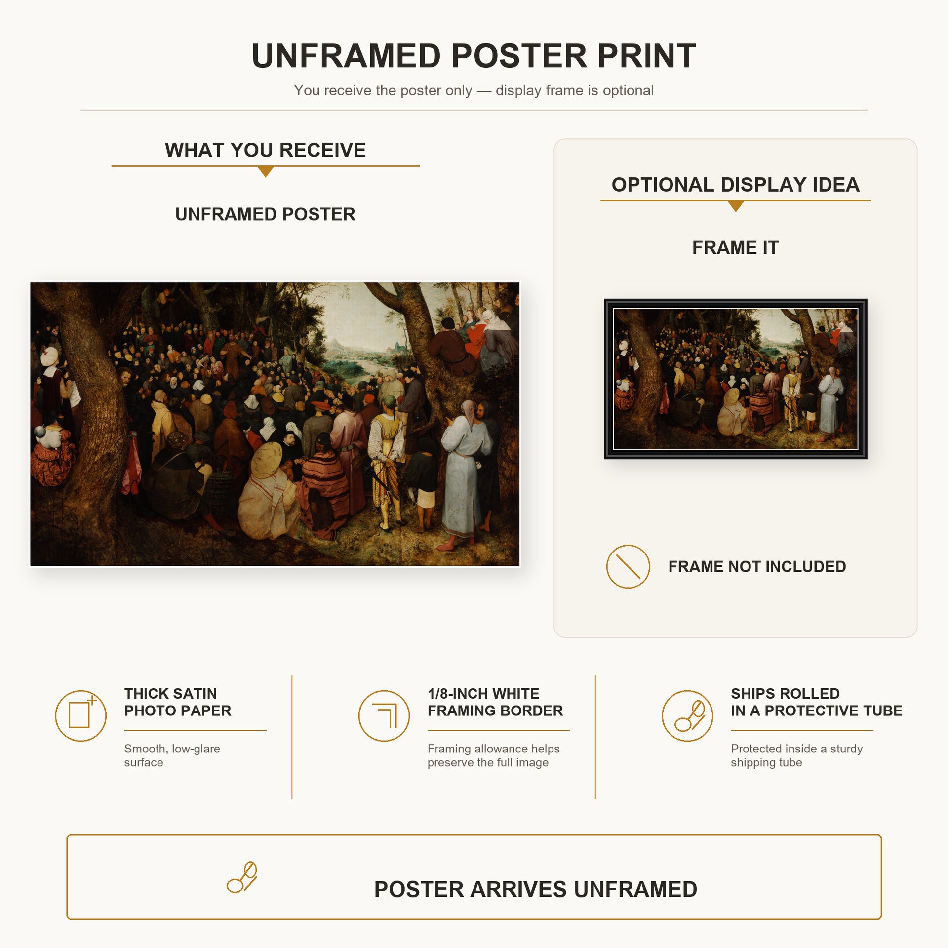 Pieter Bruegel the Elder - The Sermon of Saint John the Baptist poster print size comparison and framing display infographic