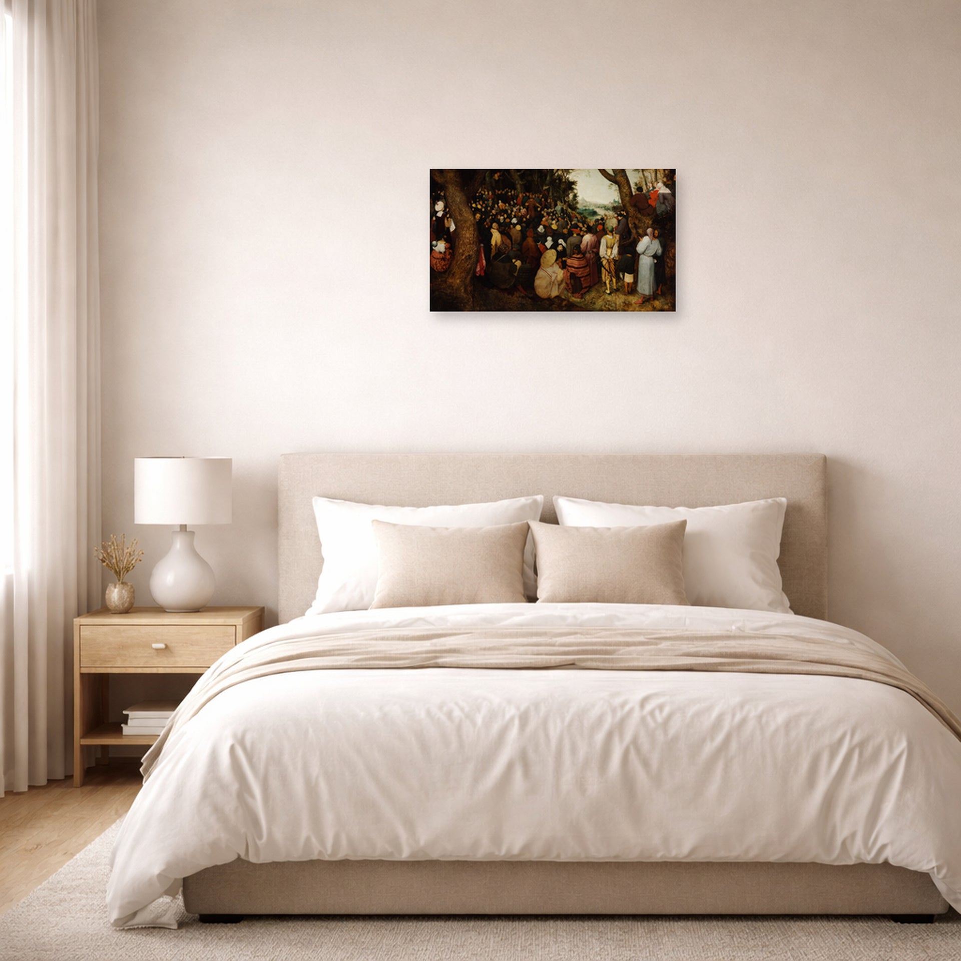 Unframed poster print of Pieter Bruegel the Elder's The Sermon of Saint John the Baptist displayed on a wall in a bedroom