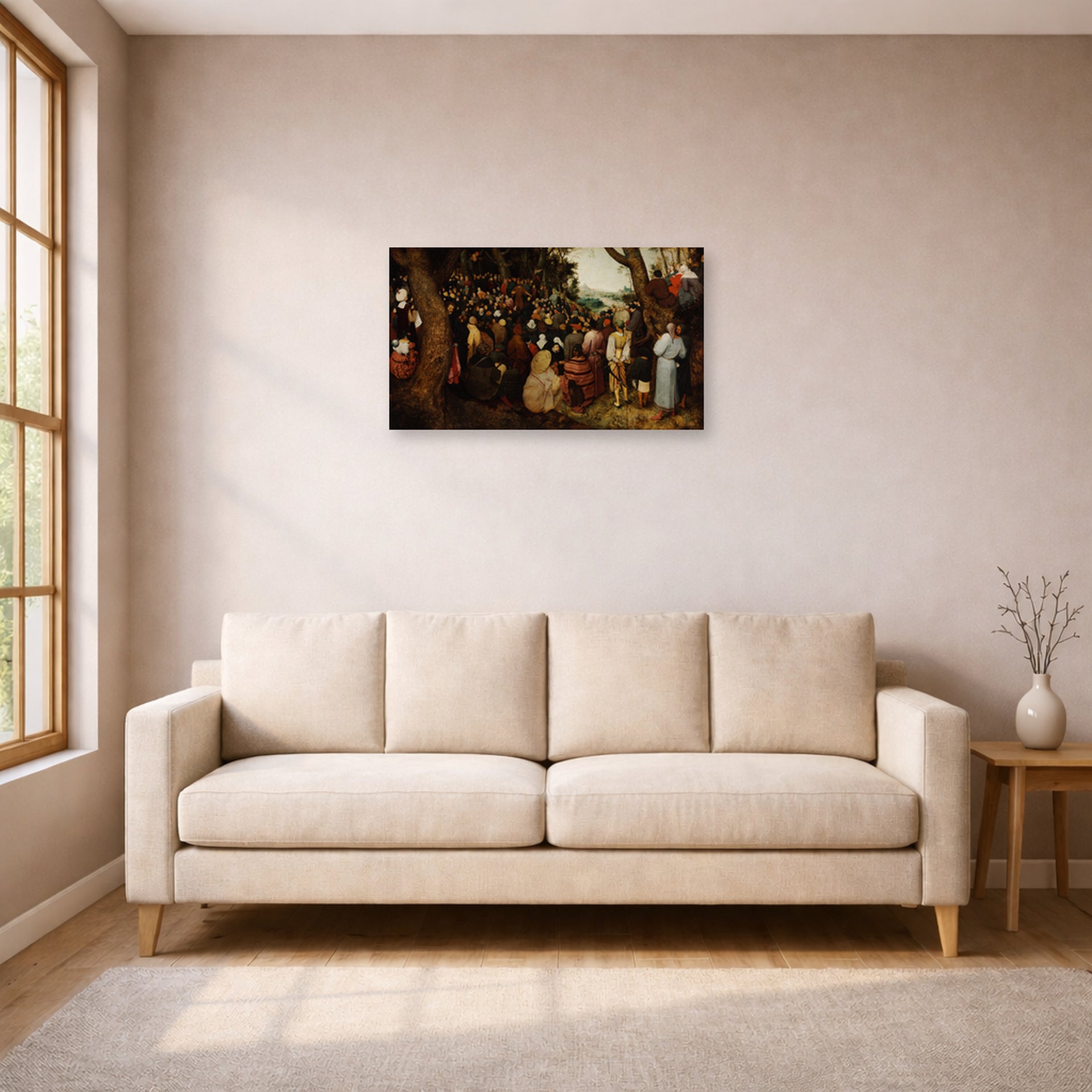 Unframed poster print of Pieter Bruegel the Elder's The Sermon of Saint John the Baptist displayed on a wall in a living room