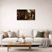 Unframed poster print of Pieter Bruegel the Elder's The Sermon of Saint John the Baptist displayed on a wall in a living room