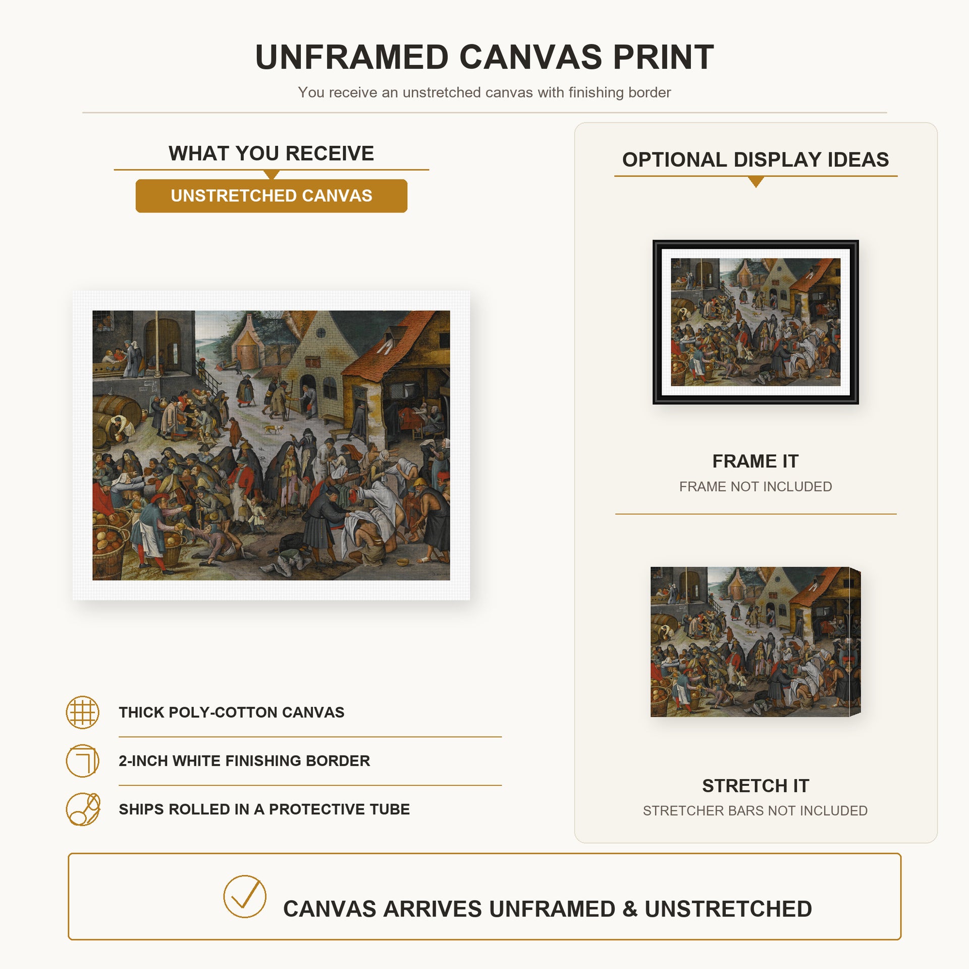 Pieter Bruegel the Elder - The Seven Acts of Mercy canvas print size comparison and framing display infographic
