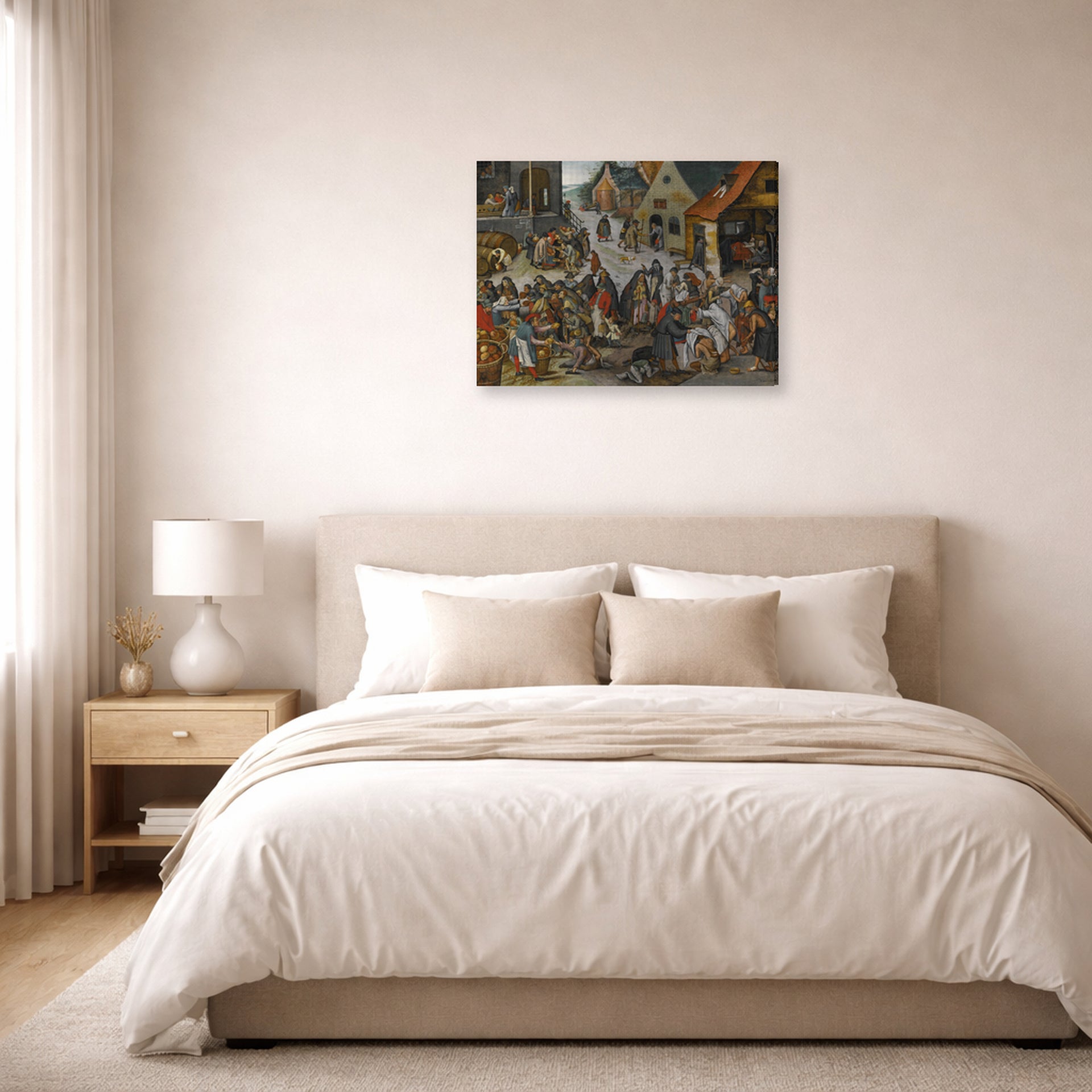 Gallery-wrapped canvas print of Pieter Bruegel the Elder's The Seven Acts of Mercy displayed on a wall in a bedroom